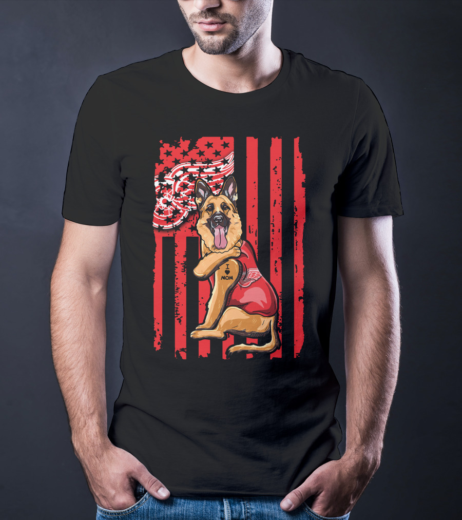 German Shepherd With Detroit Red Wings And I Love Mom Tattoo Flag Background T-Shirt