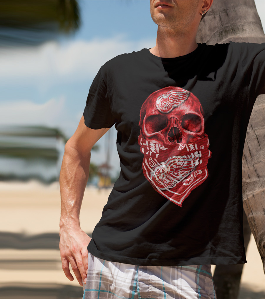 Skull With Detroit Red Wings Bandana T-Shirt