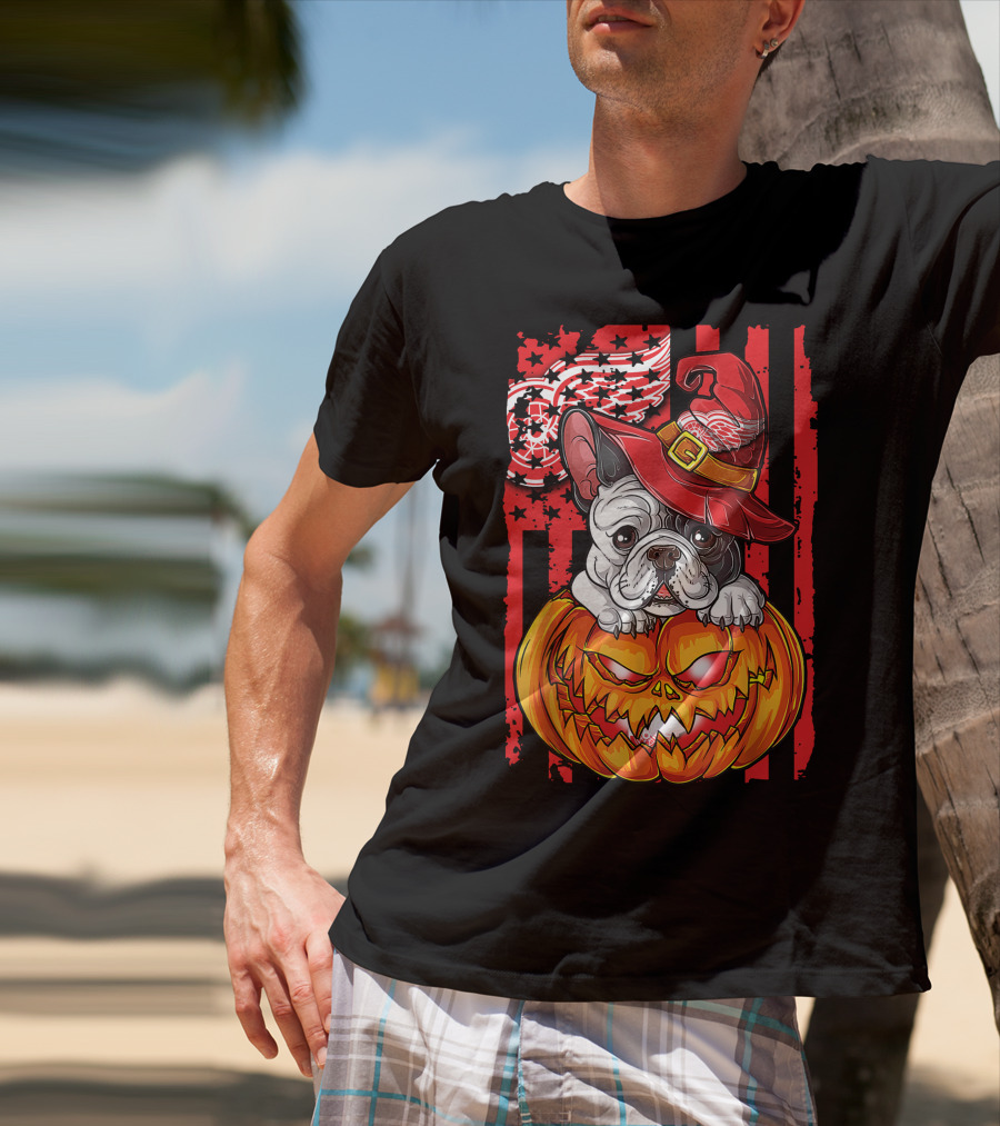 Hlw Bulldog Detroit Red Wings Witch Hat Pumpkin Halloween T-Shirt
