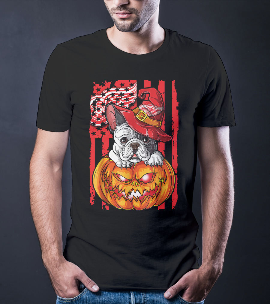 Hlw Bulldog Detroit Red Wings Witch Hat Pumpkin Halloween T-Shirt