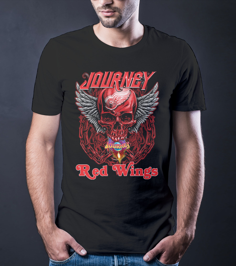 Journey Detroit Red Wings Skull Wings Flame Chain T-Shirt