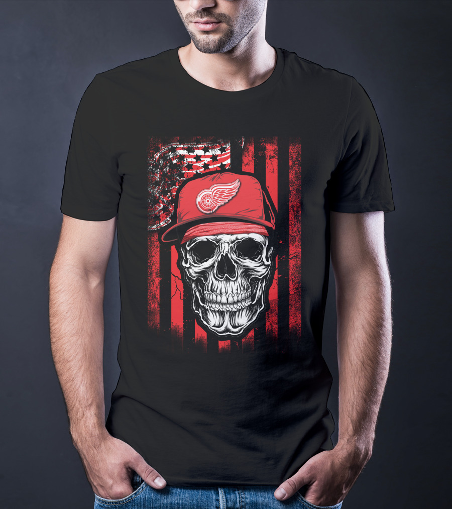 Skull Detroit Red Wings American Flag Hat T-Shirt