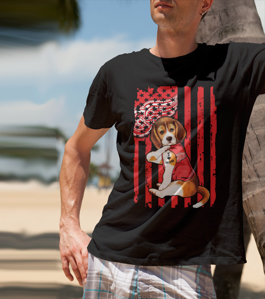 Beagle I Love Mom Detroit Red Wings Red Stripes T-Shirt