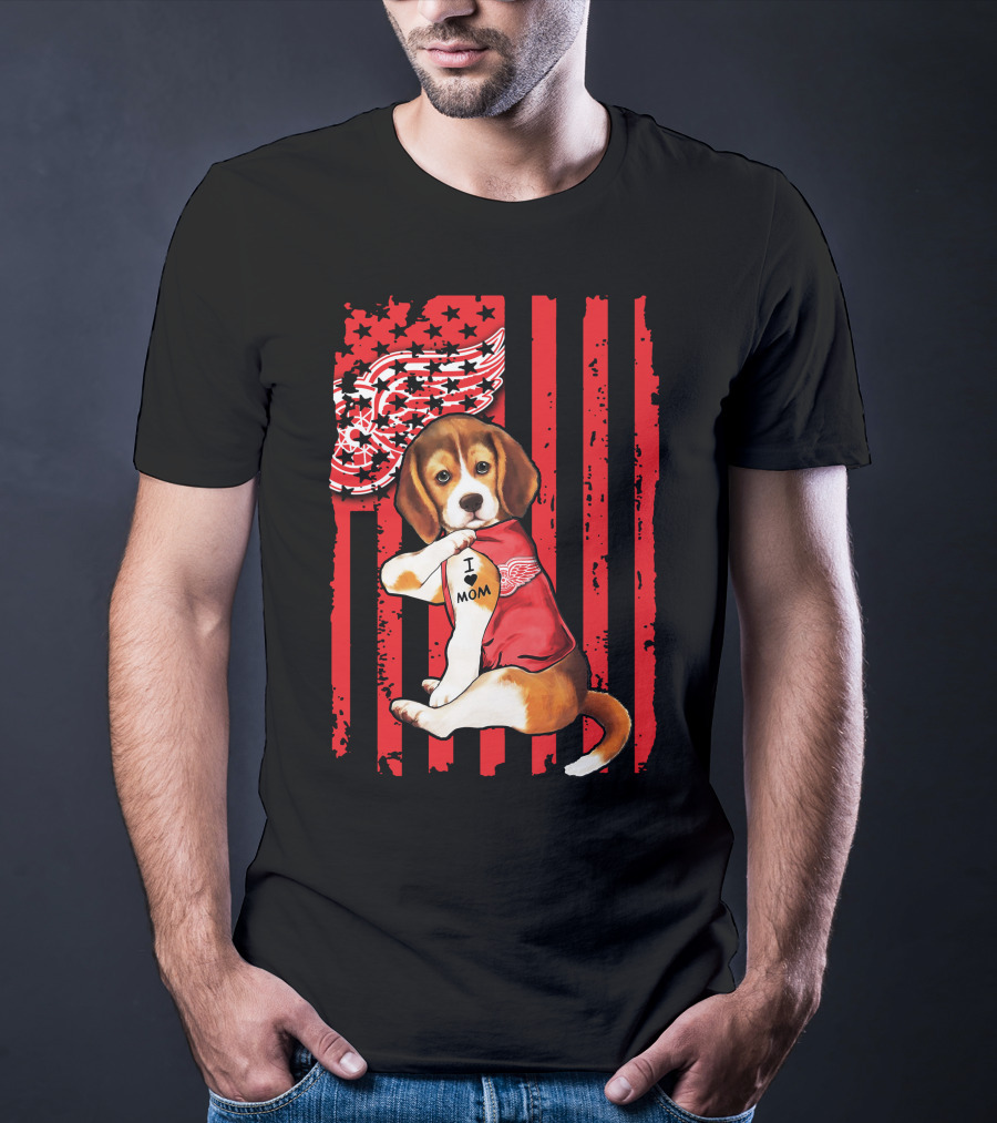 Beagle I Love Mom Detroit Red Wings Red Stripes T-Shirt