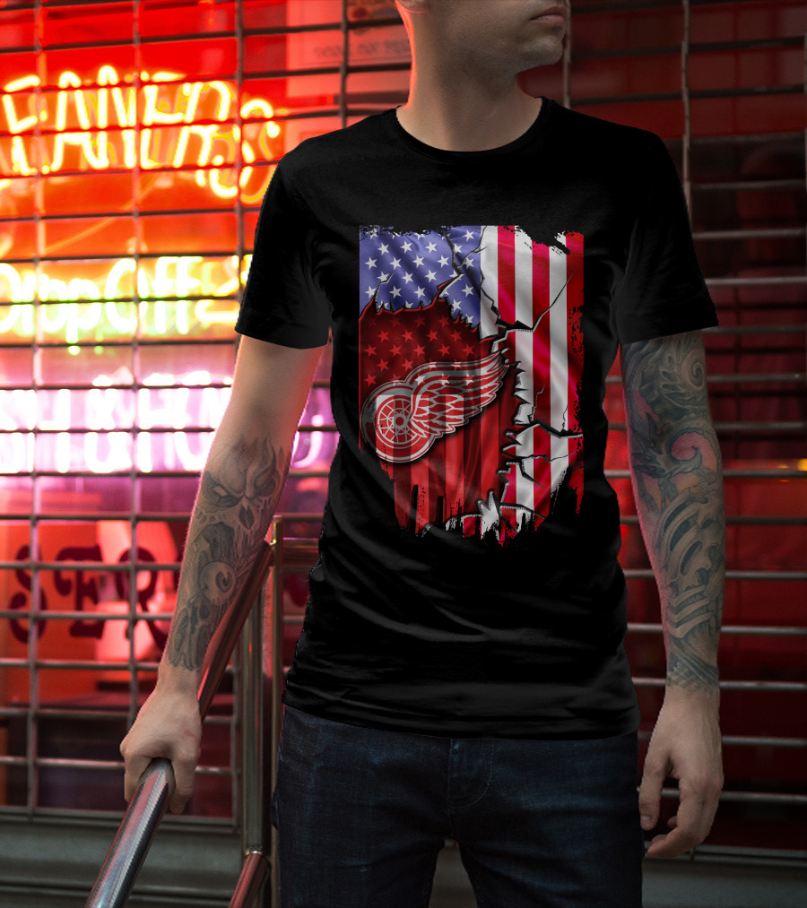 Flag Stars And Stripes Detroit Red Wings Winged Wheel T-Shirt