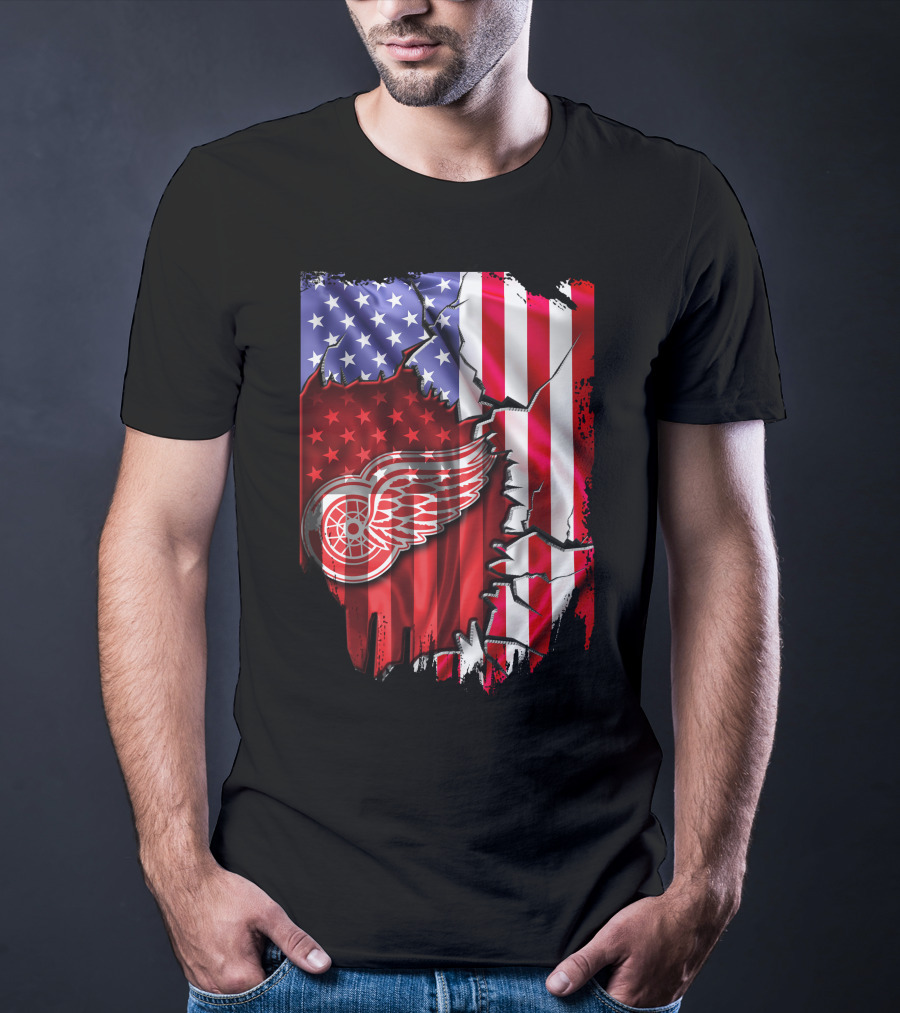 Flag Stars And Stripes Detroit Red Wings Winged Wheel T-Shirt