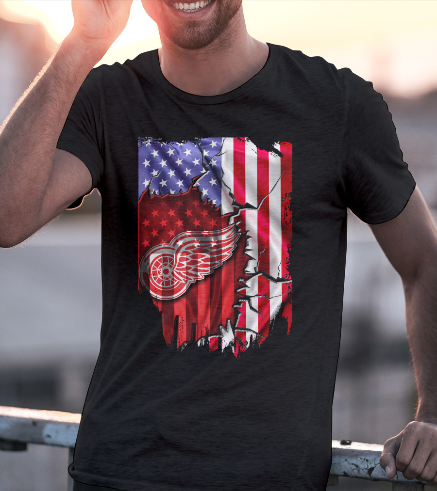 Flag Stars And Stripes Detroit Red Wings Winged Wheel T-Shirt
