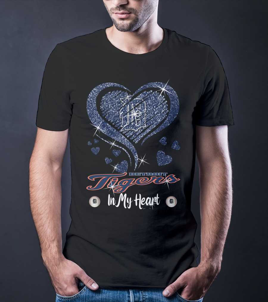 Detroit Tigers In My Heart Sparkling Logo And Hearts T-Shirt