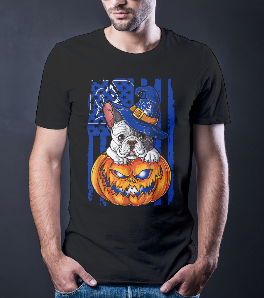 Hlw Bulldog On Duke Blue Devils Themed Halloween Pumpkin With Wizard Hat T-Shirt