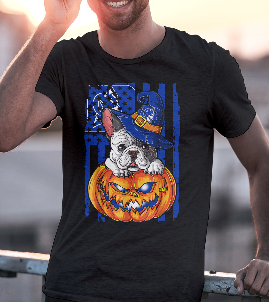 Hlw Bulldog On Duke Blue Devils Themed Halloween Pumpkin With Wizard Hat T-Shirt