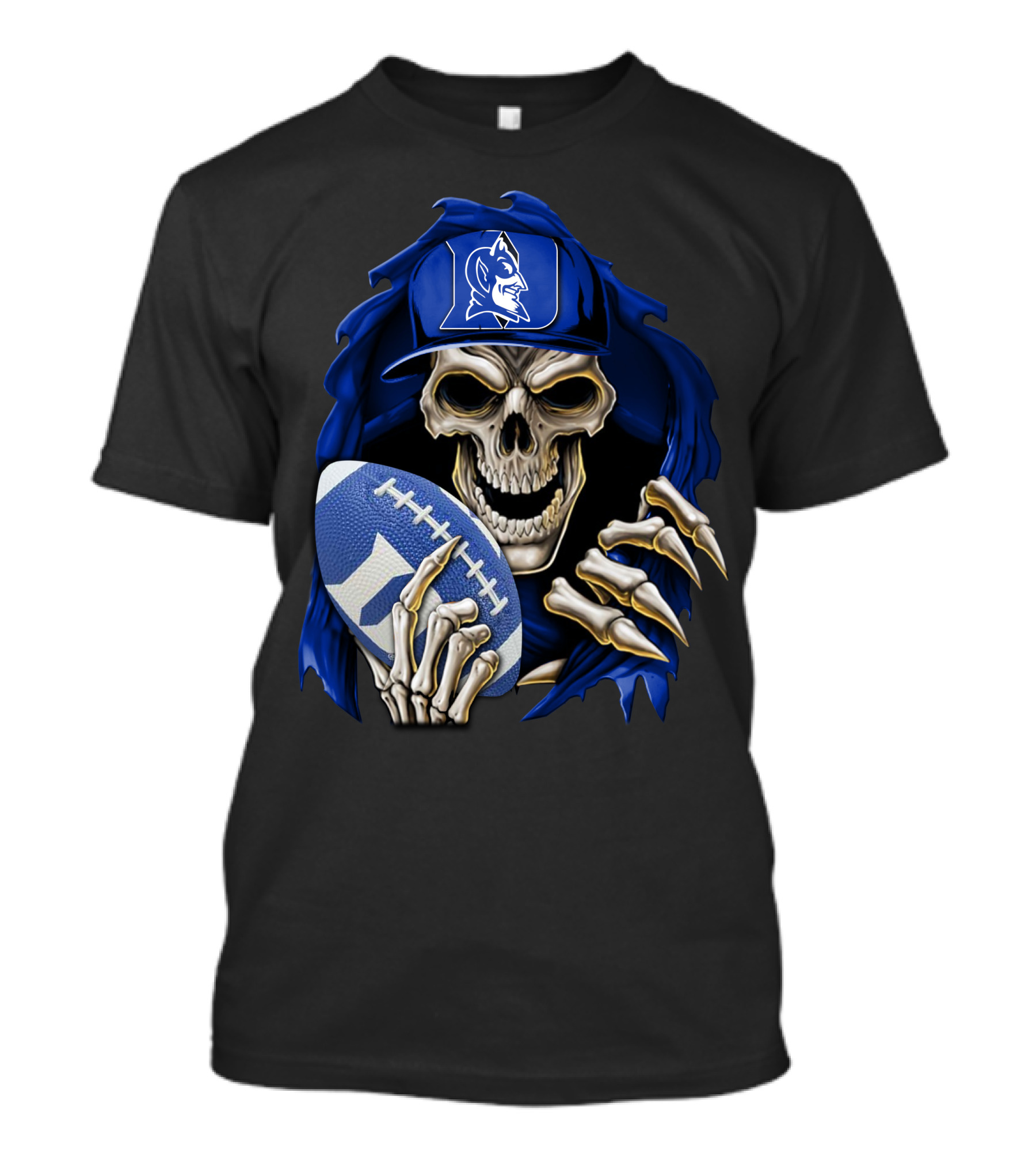 Duke Blue Devils Skull With Football And Logo Hat T-Shirt