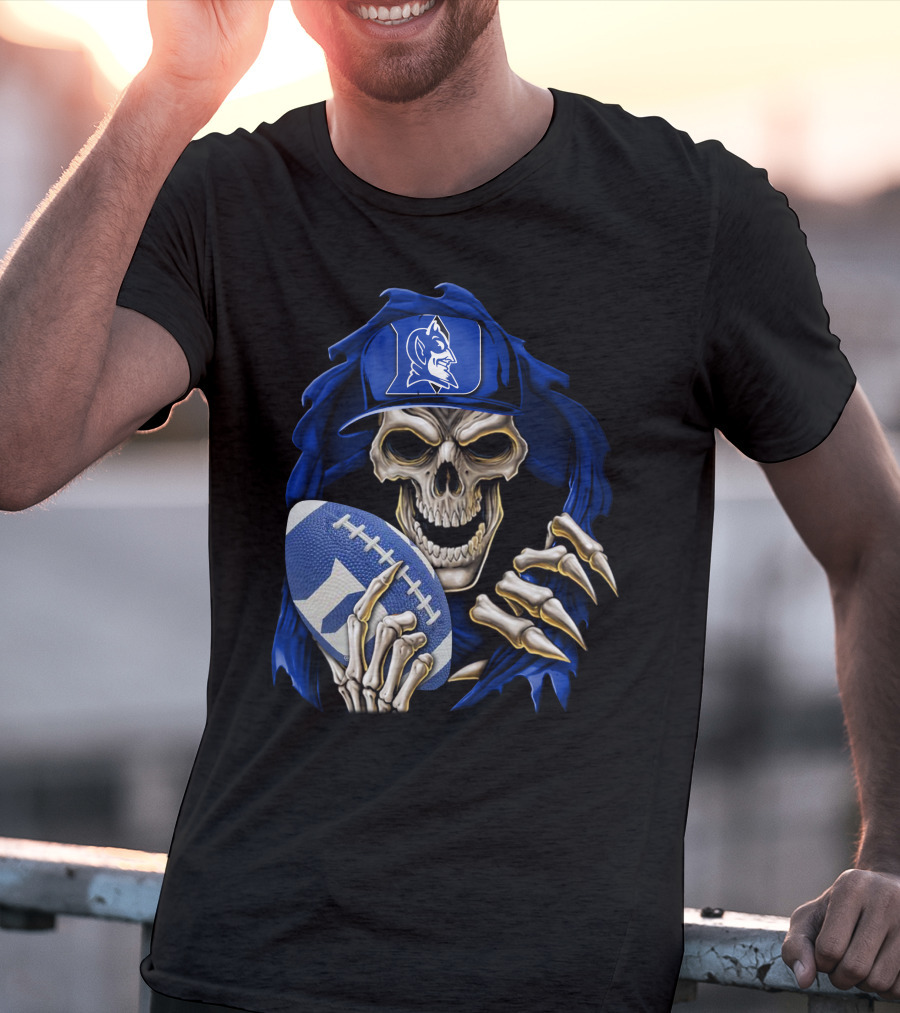 Duke Blue Devils Skull With Football And Logo Hat T-Shirt