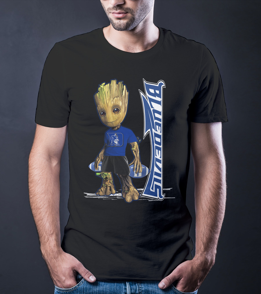 Groot Wearing Duke Blue Devils Shirt With Blue Devils Logo And Football T-Shirt