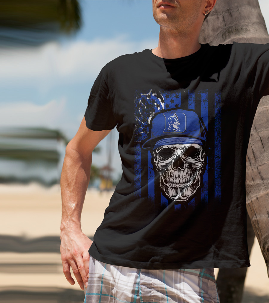 Skull With Duke Blue Devils Cap And American Flag Background T-Shirt