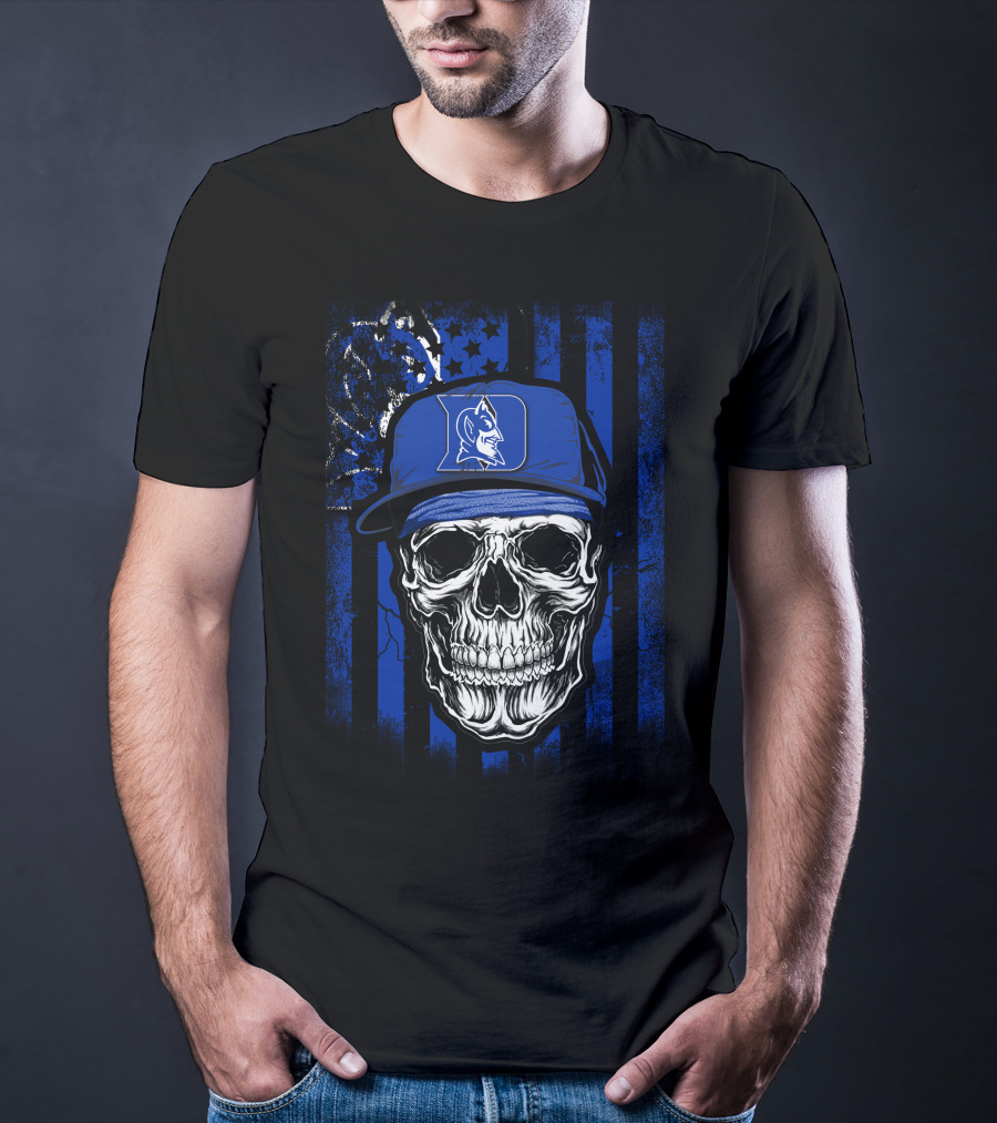 Skull With Duke Blue Devils Cap And American Flag Background T-Shirt
