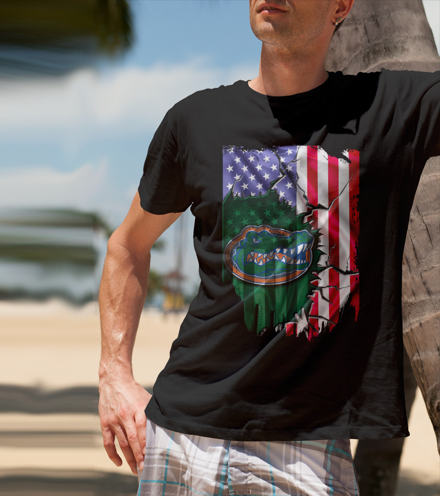 United States Flag Ripped With Florida Gators T-Shirt