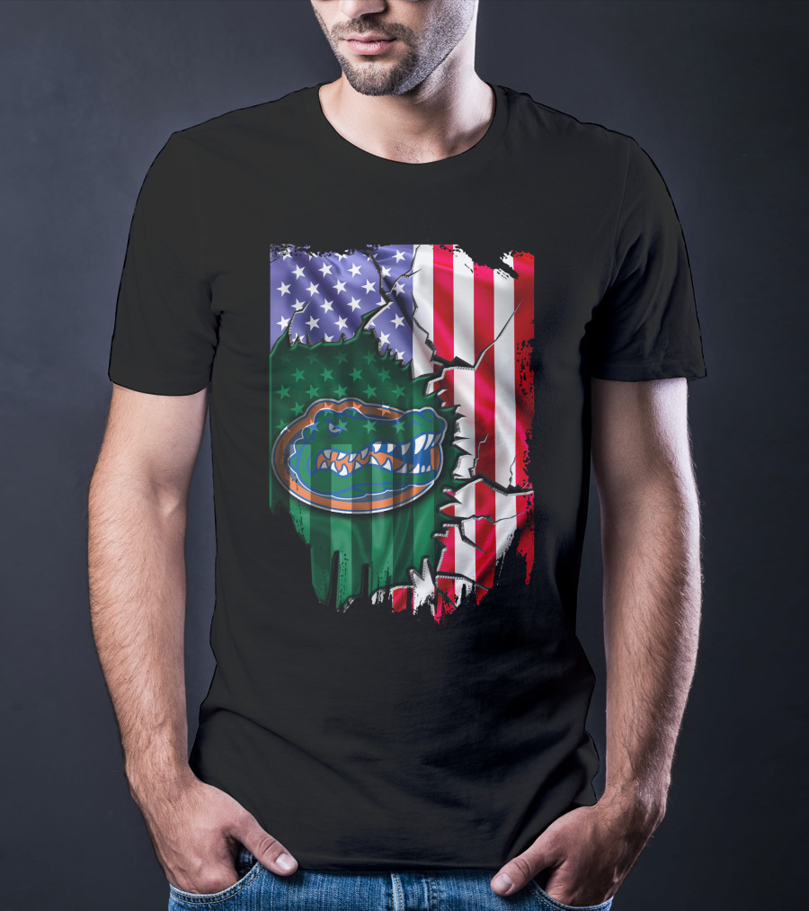 United States Flag Ripped With Florida Gators T-Shirt