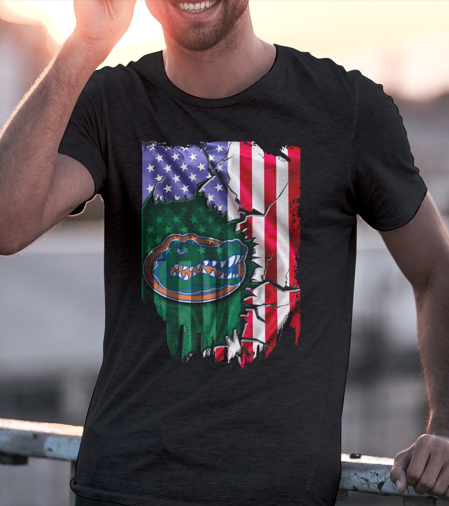 United States Flag Ripped With Florida Gators T-Shirt