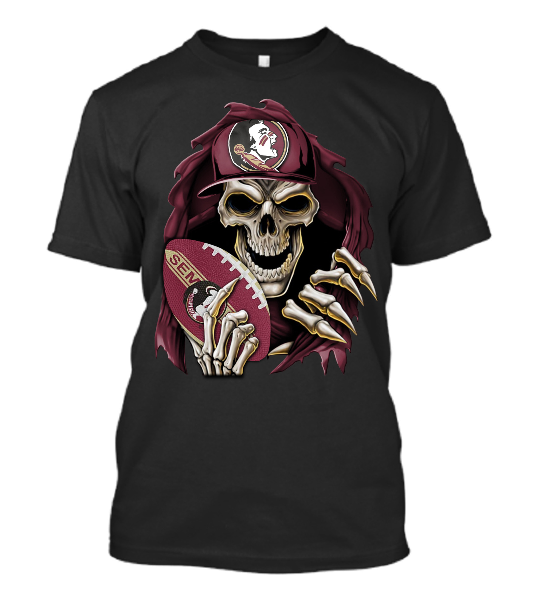 Skullbong Florida State Seminoles Skeleton Holding Football T-Shirt