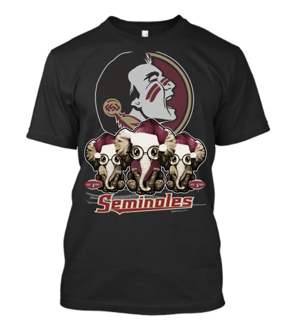 Seminoles Florida State Xmas Elephan With Santa Hats And Eyeglasses T-Shirt