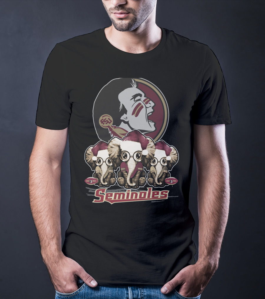 Seminoles Florida State Xmas Elephan With Santa Hats And Eyeglasses T-Shirt