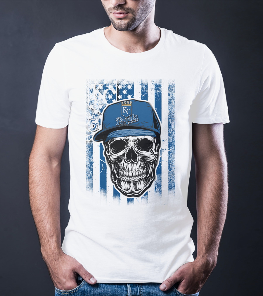 Kansas City Royals Skull With Blue Hat And Crown Symbol On T-Shirt