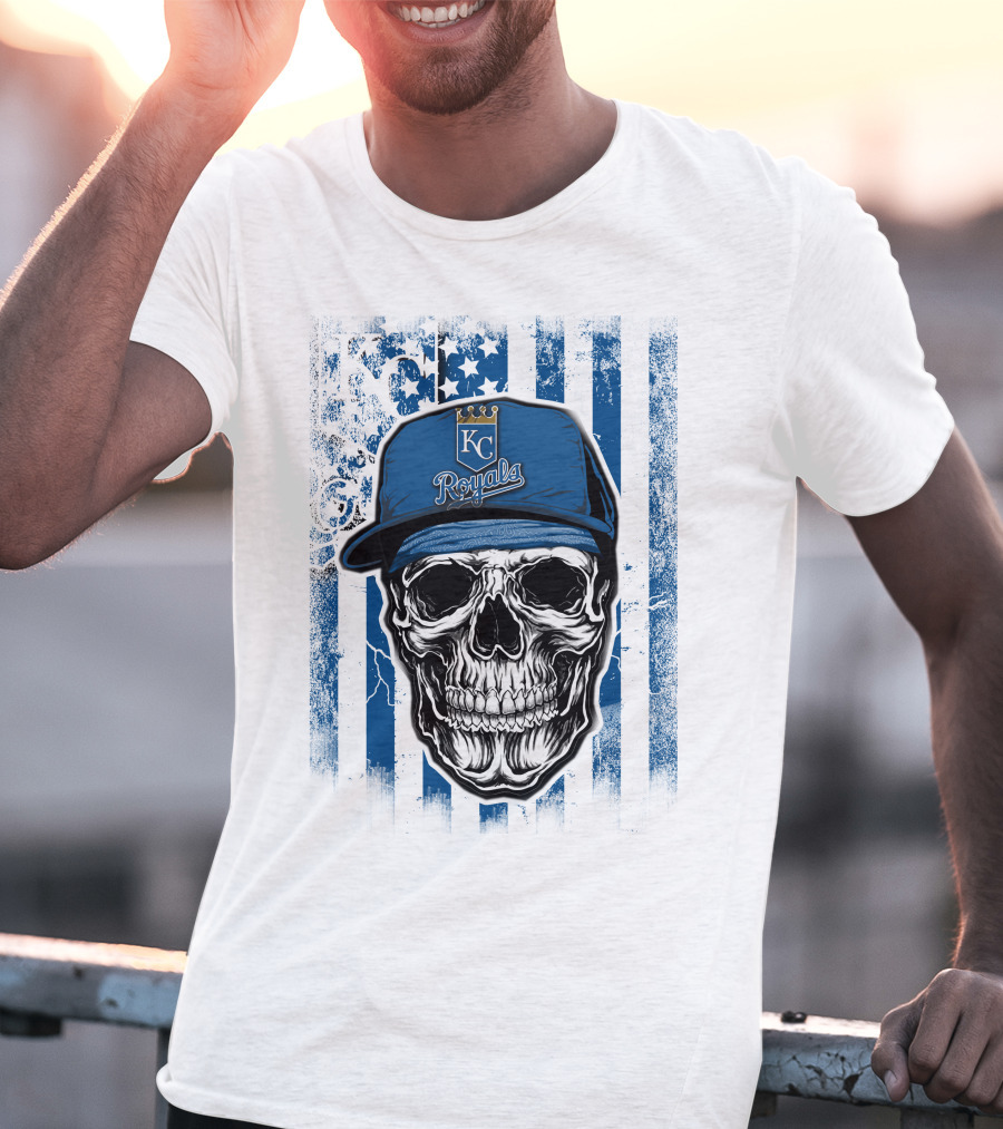 Kansas City Royals Skull With Blue Hat And Crown Symbol On T-Shirt