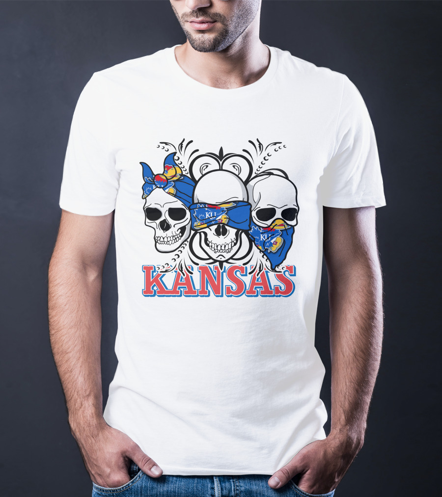 Kansas Jayhawks Skulls Bandana T-Shirt