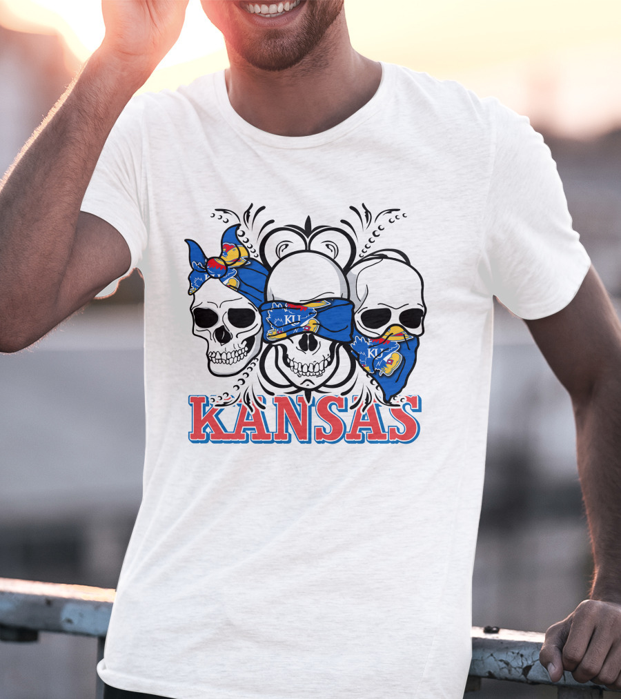 Kansas Jayhawks Skulls Bandana T-Shirt