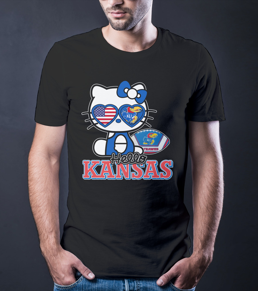 Hello Kitty Kansas Jayhawks KU Football American Flag T-Shirt