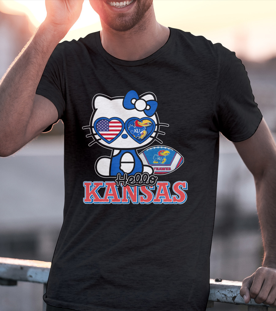 Hello Kitty Kansas Jayhawks KU Football American Flag T-Shirt
