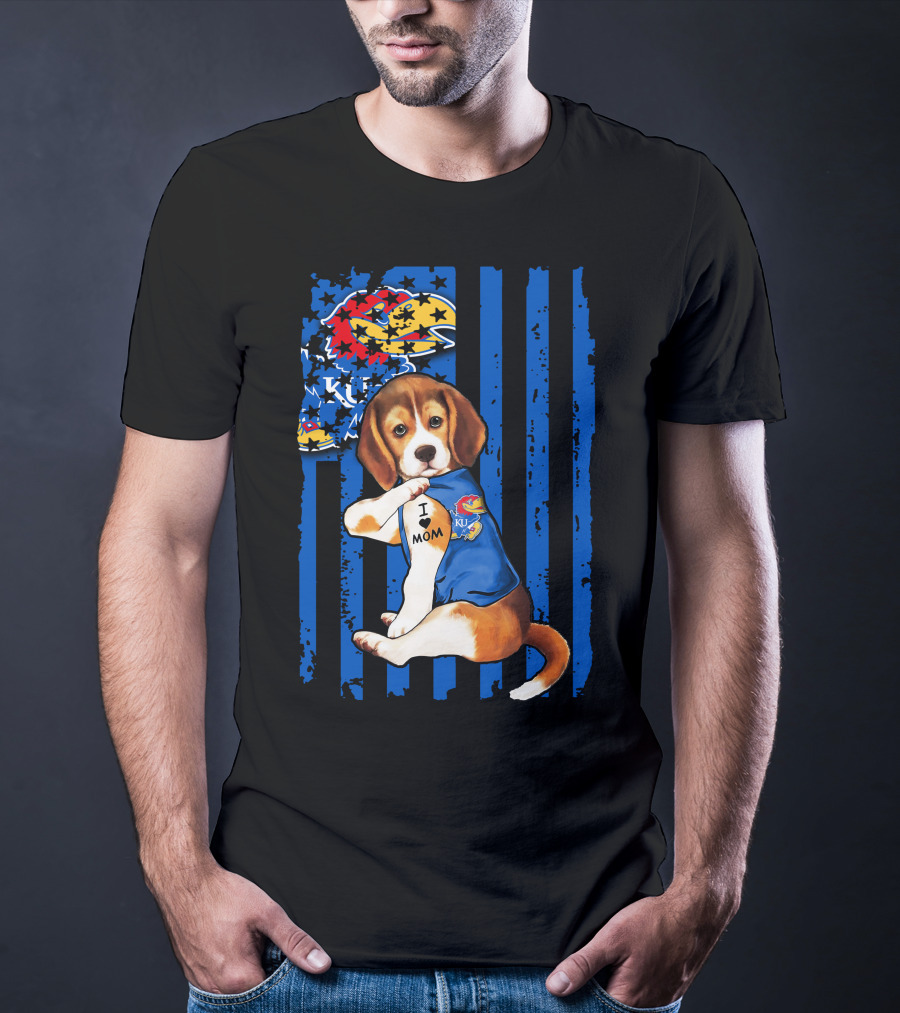 I Love Mom Beagle Wearing Kansas Jayhawks Logo Blue Flag Background T-Shirt