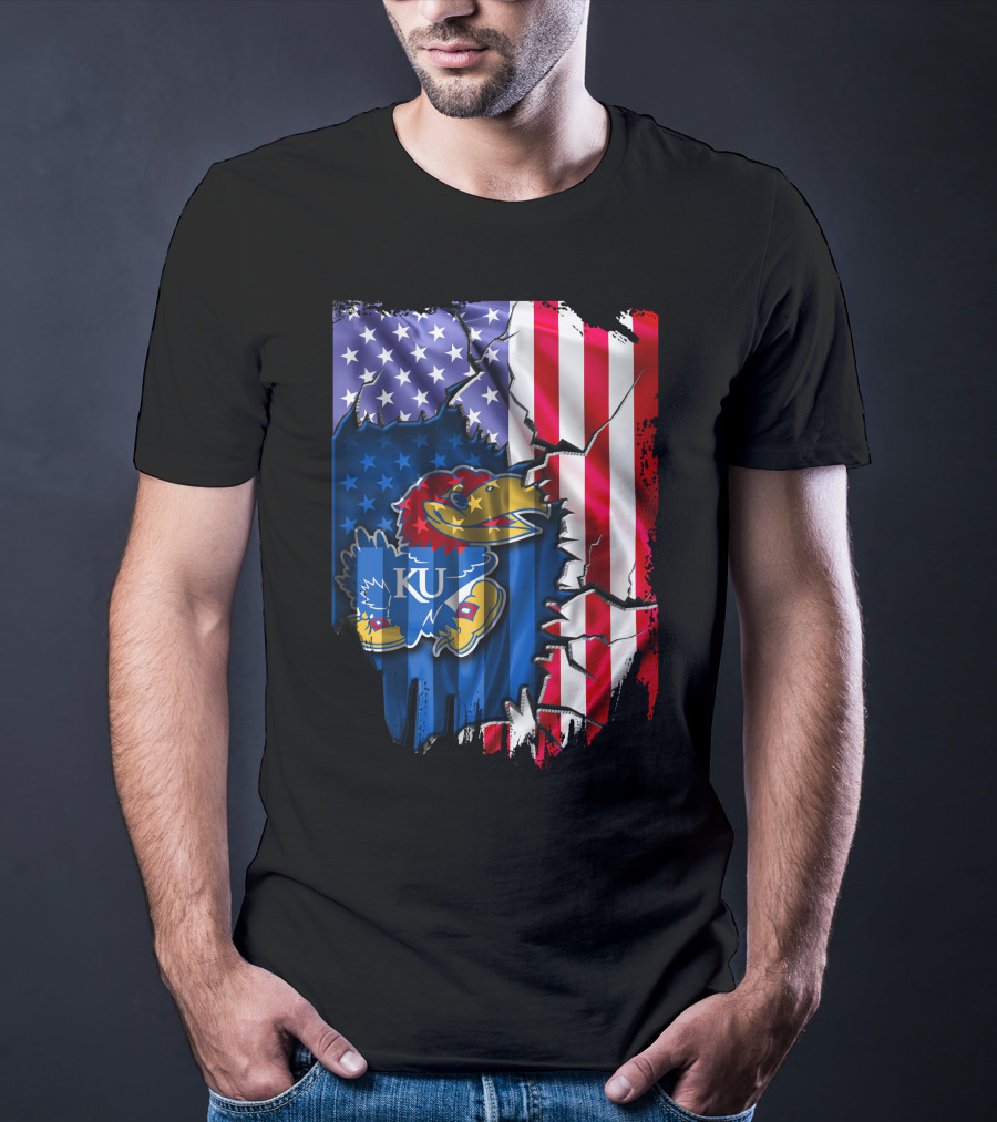Flag Kansas Jayhawks American USA Torn Design KU T-Shirt
