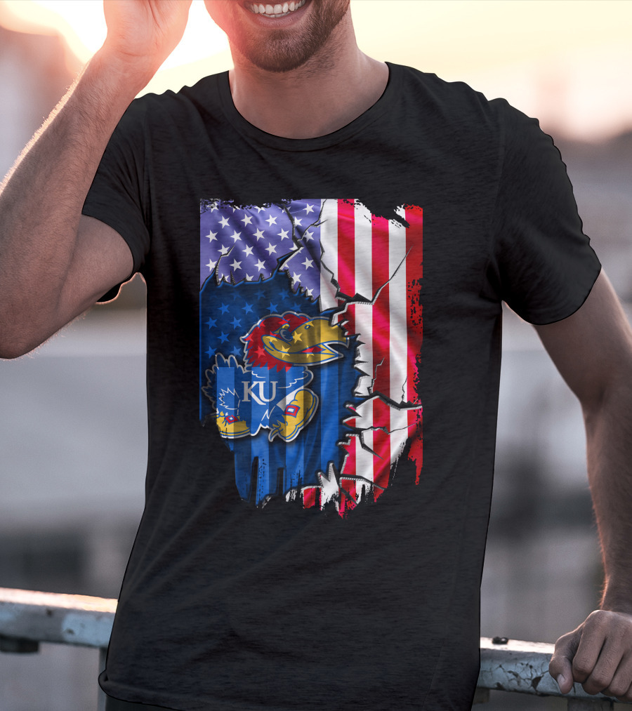 Flag Kansas Jayhawks American USA Torn Design KU T-Shirt
