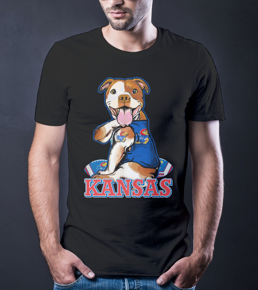 Kansas Pitbull Mascot With Jayhawks Football T-Shirt