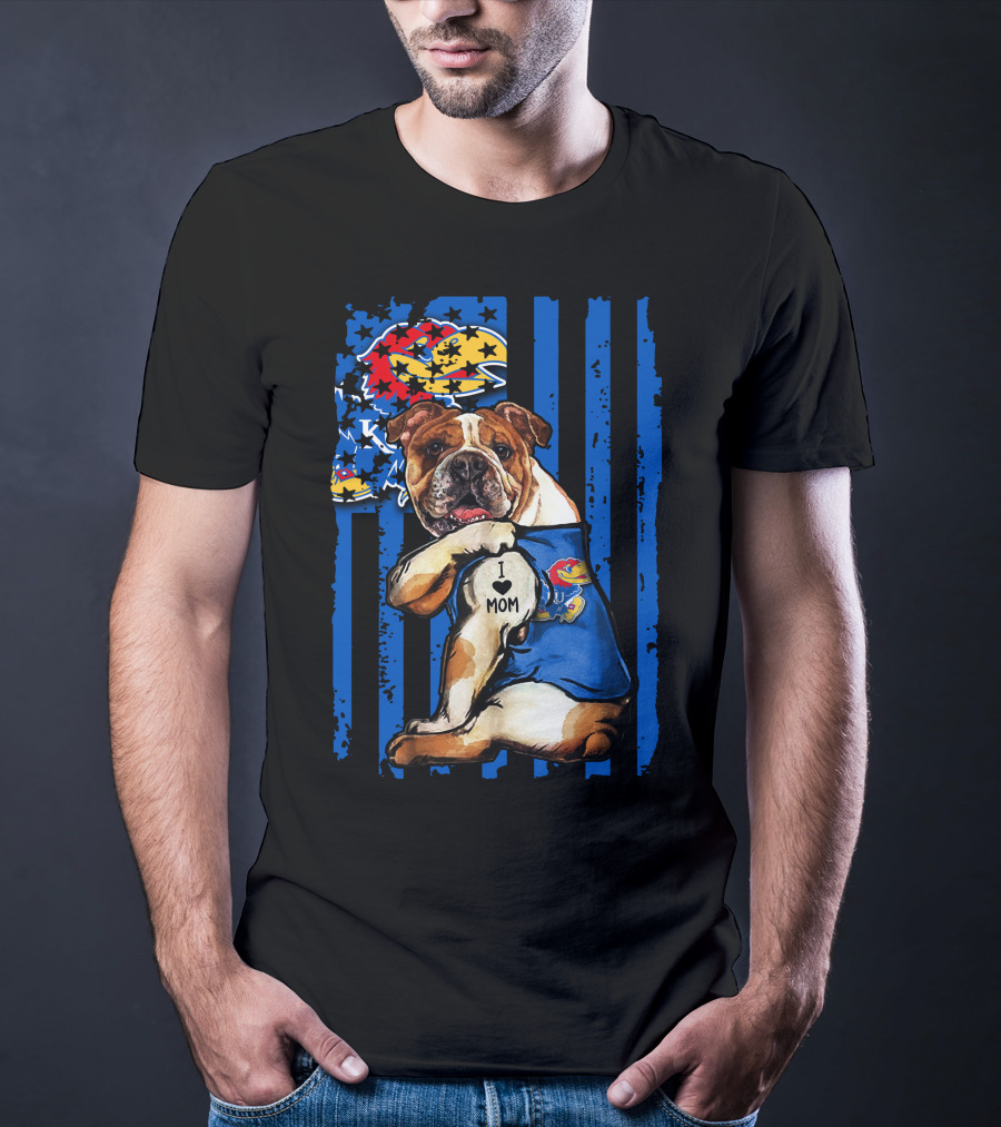 Bulldog Wearing Kansas Jayhawks I Love Mom Tattoo With Blue Stripes And Jayhawk T-Shirt