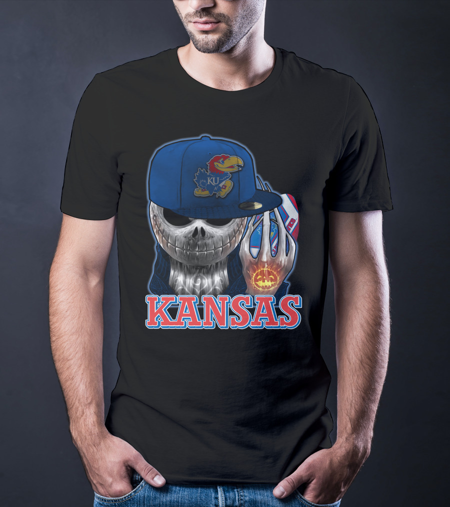 Kansas Jayhawks Skull Halloween Pumpkin Blue Cap T-Shirt