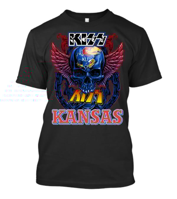 KISS Kansas Jayhawks Skull KU Winged Logo Chains T-Shirt