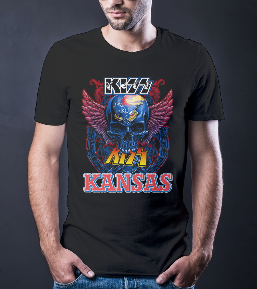 KISS Kansas Jayhawks Skull KU Winged Logo Chains T-Shirt
