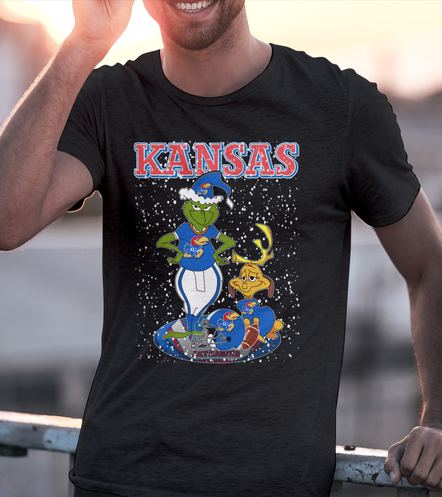 Kansas Grinchxmas Jayhawks KU Snowy Football Holiday T-Shirt