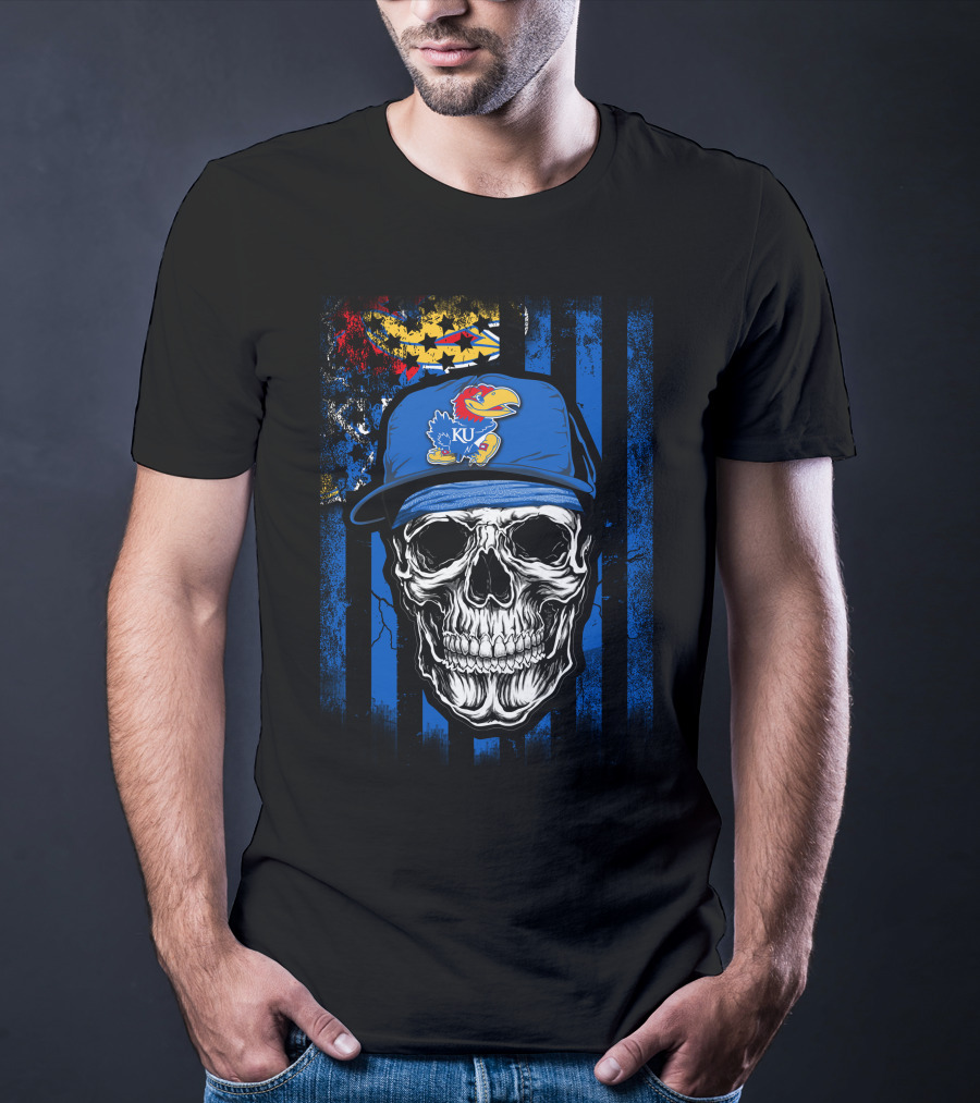 Skull Kansas Jayhawks KU Logo Hat Blue And Red Stripes T-Shirt