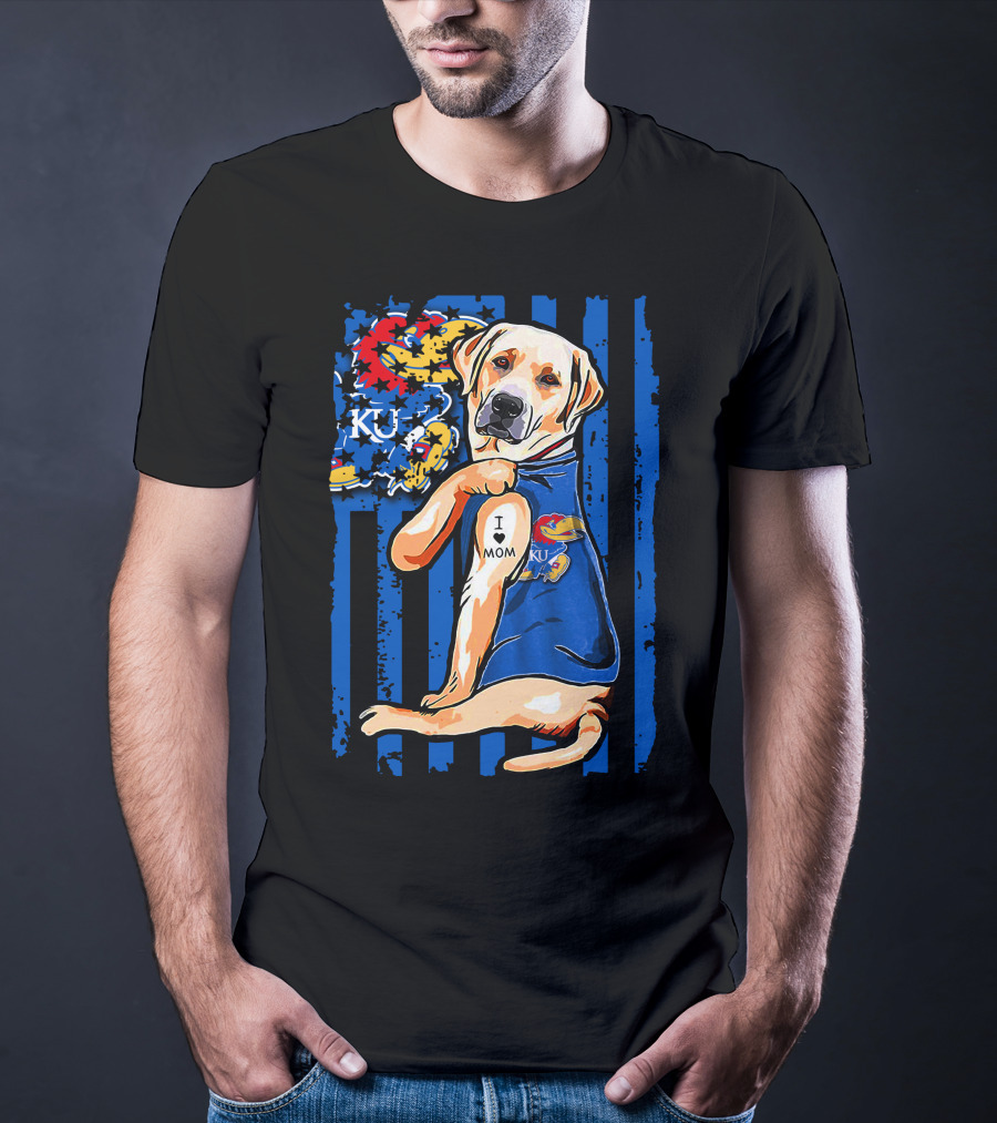 Labrador Retriever I Love Mom Kansas Jayhawks KU Stripes T-Shirt