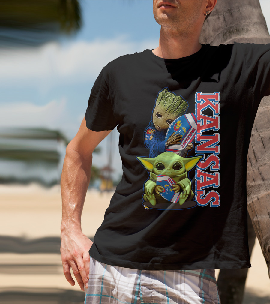 Kansas Jayhawks Groot Baby Yoda Football Hug T-Shirt