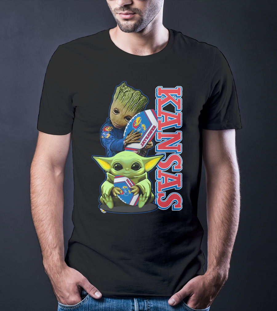 Kansas Jayhawks Groot Baby Yoda Football Hug T-Shirt