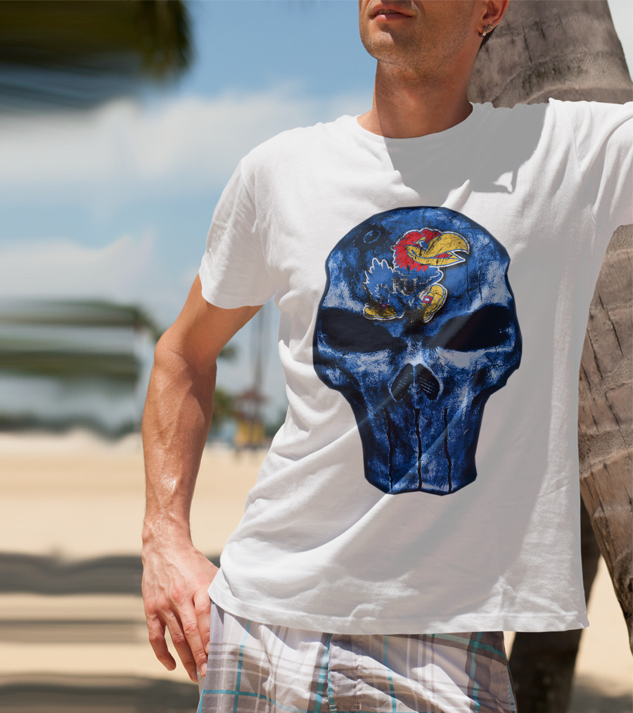 Kansas Jayhawks Logo On Blue Skull T-Shirt