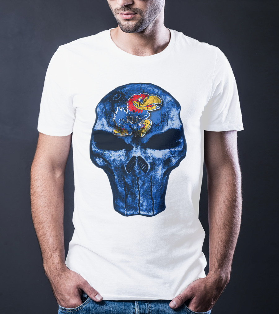 Kansas Jayhawks Logo On Blue Skull T-Shirt
