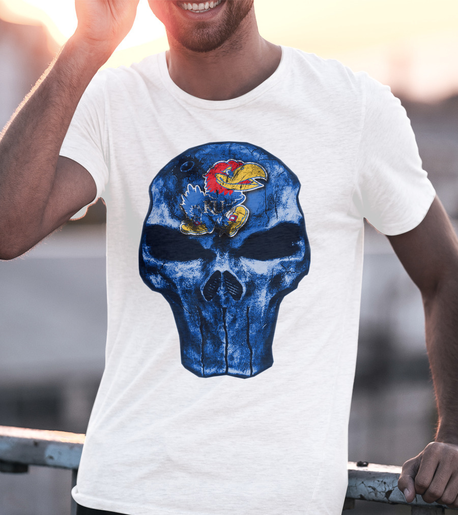 Kansas Jayhawks Logo On Blue Skull T-Shirt