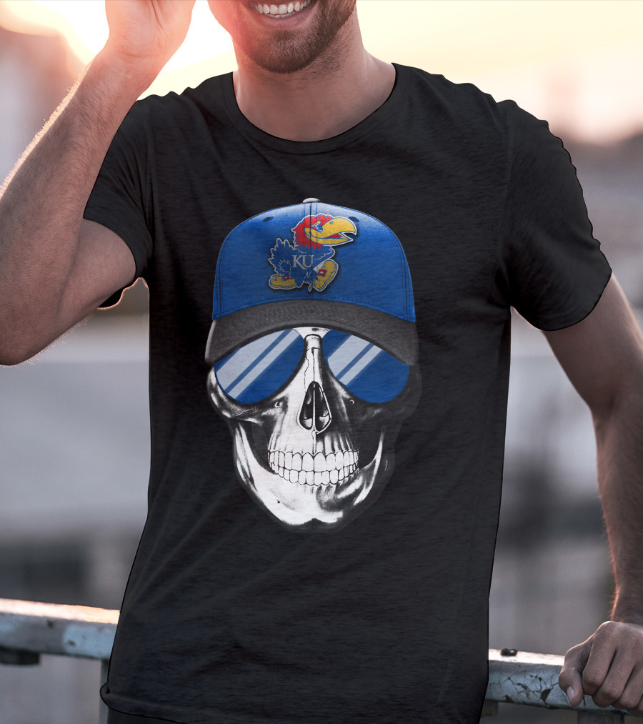 Kansas Jayhawks Skull With Blue Cap And Sunglasses T-Shirt