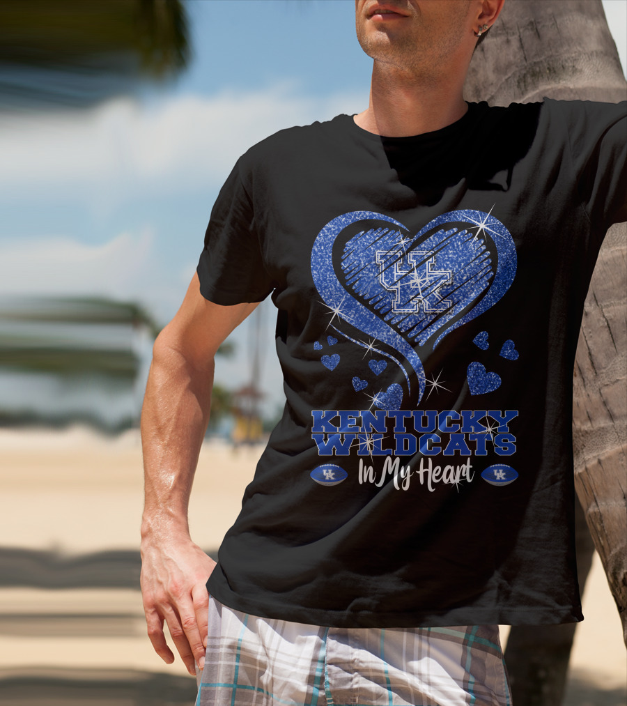 Kentucky Wildcats UK Logo In My Heart With Glittering Blue Hearts T-Shirt