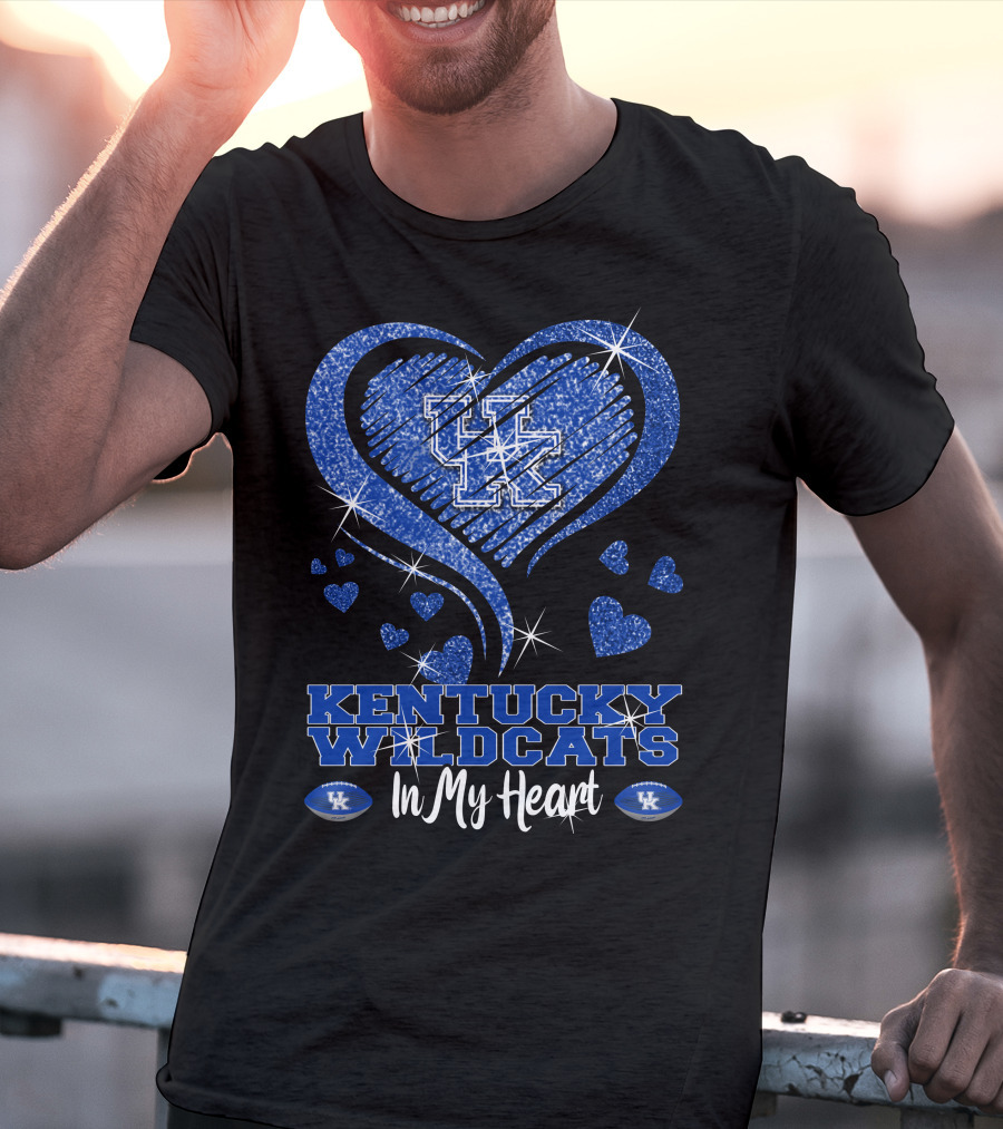 Kentucky Wildcats UK Logo In My Heart With Glittering Blue Hearts T-Shirt